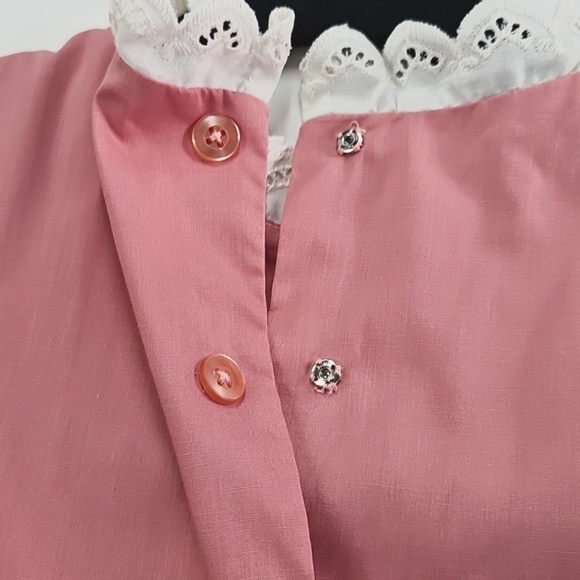 Hand Made Pink Smocked Dress Lace Trim Button Detail Puff Sleeve Tie Waist - Picture 8 of 10